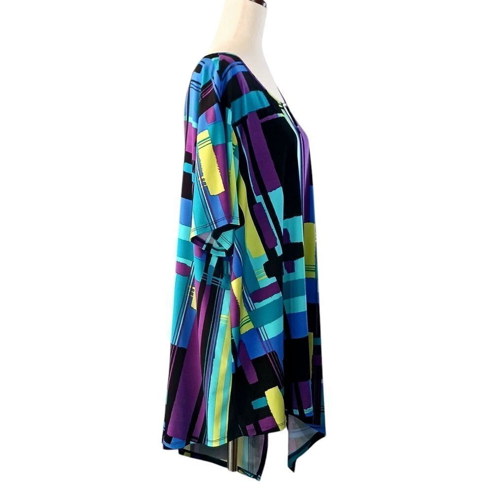 CATO Asymmetrical Blouse Bold Geometric Short Sleeve Jewel Tone Plus Size 3X - Picture 2 of 9